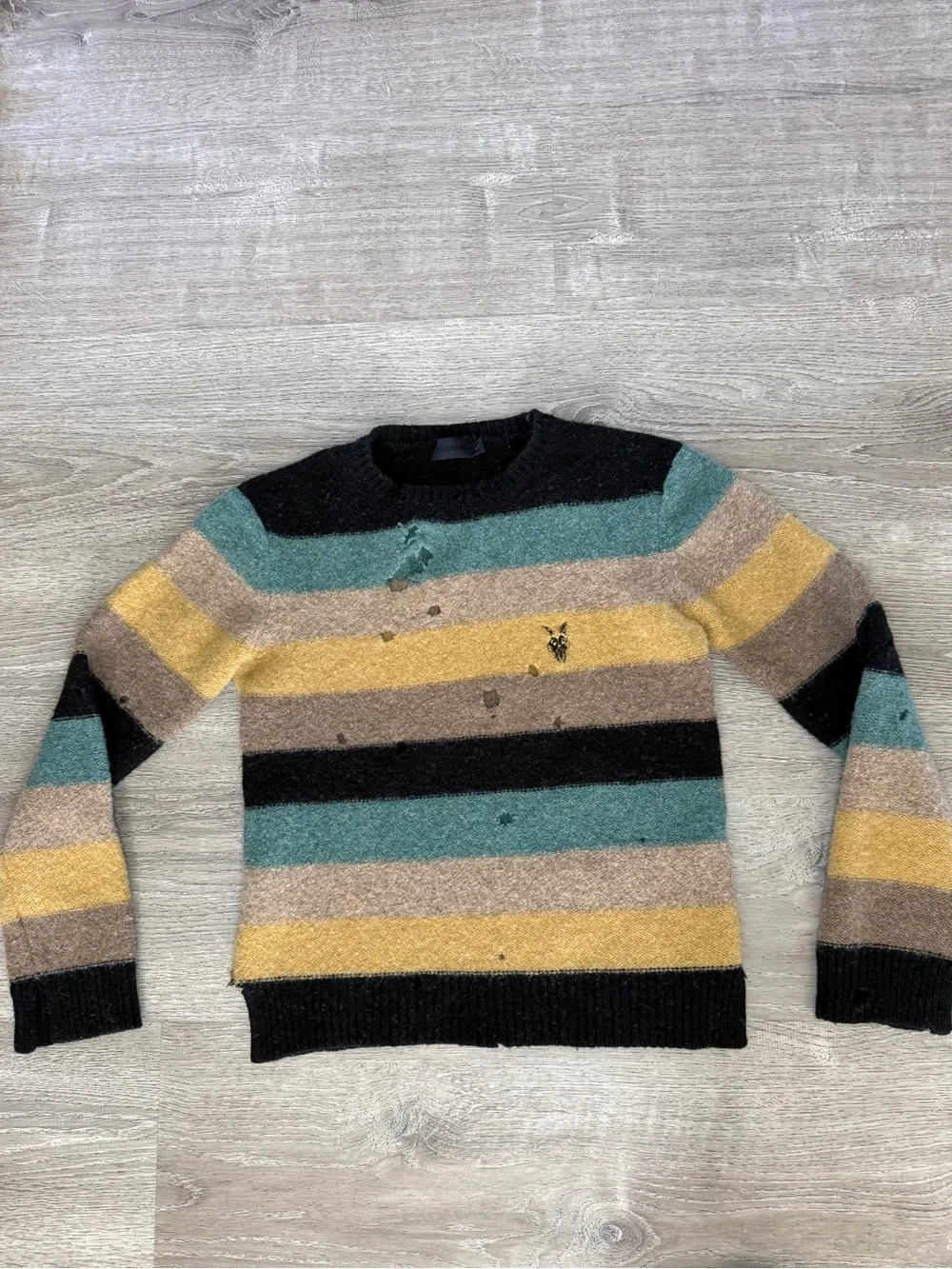 AllSaints Striped Crewneck Sweater in Black, Teal, Mustard, Tan